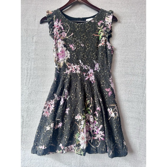 Anthropologie Eri + Ali Nevaeh Floral Lace Dress Black Pink Ruffle Fit Flare 4P - Picture 2 of 13